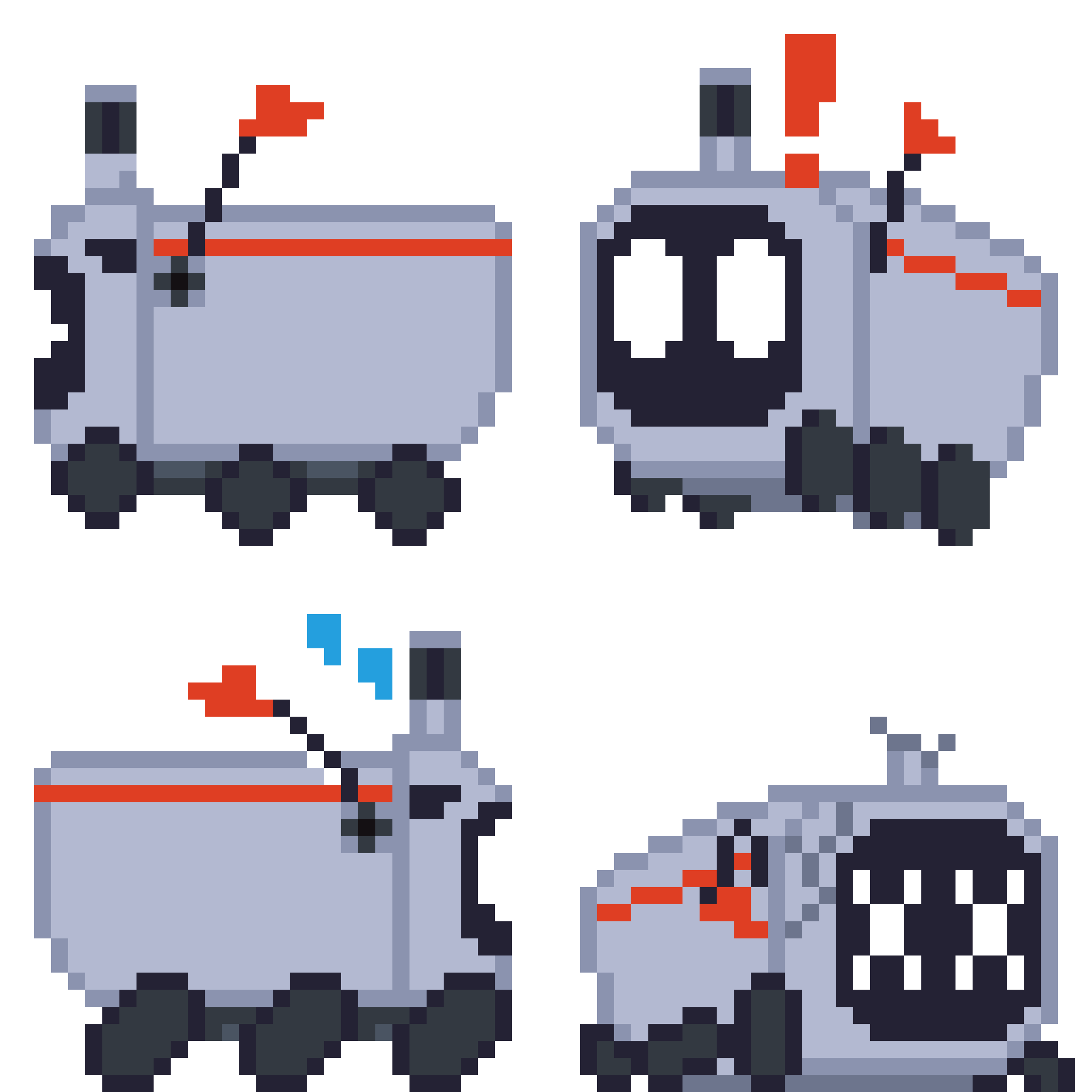 Four animated pixel art sprites of a small, grey, rectangular, 6-wheeled robot in varied states of emotion or action. It has a black screen 'face' with bright solid-white eyes and a small, bright-reddish-orange flag. There is a cylindrical shape jutting out of its head which looks like some kind of sensor housing. Upper-left: shows the robot rolling to the left casually/happily. Upper right: shows the robot emoting a cartoonish state of shock with a red exclamation mark above it, its eyes wide and body recoiling. Lower left: shows the robot rolling to the right while emitting emotive sweat drops and with an exaggerated wheel pitch. Lower right: shows the robot motionless and crumpled on the ground, its face display cracked and glitching with X-es for eyes, the sensor column broken off, flag bent over, and wheels at odd angles.